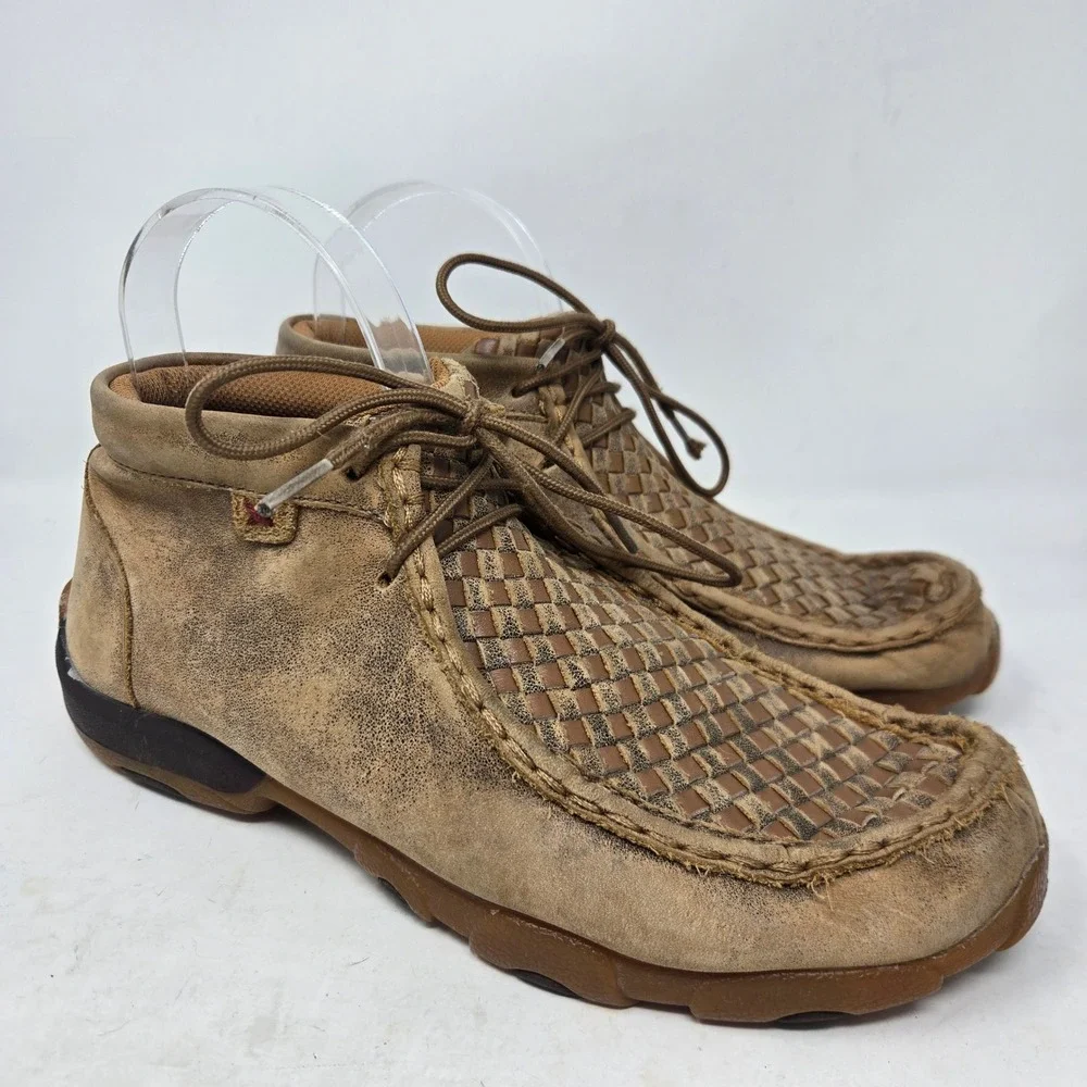 Twisted X Driving Mocs Tan Distressed Woven Basket Weave Leather Shoes 5M